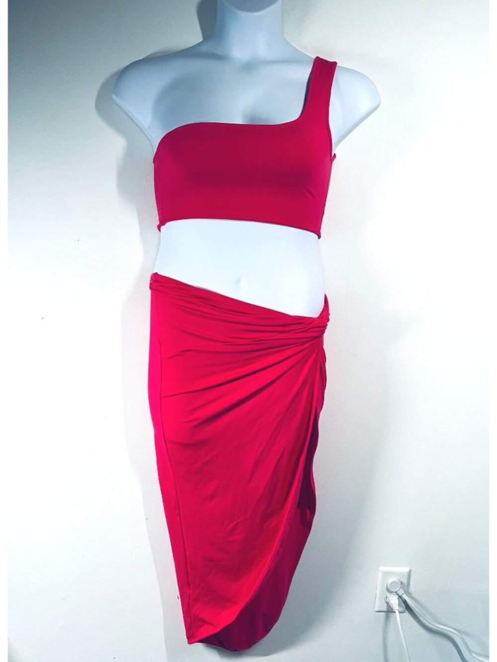 Two-Piece Pink Asymmetrical Top & Ruched-Knot Skirt Set Womens Size Small Stretc